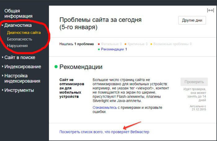 Яндекс Вебмастер диагностика 
